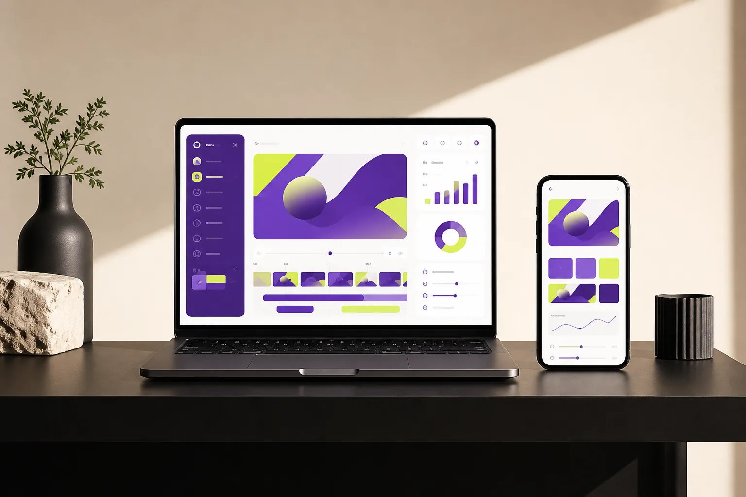 Laptop and phone displaying abstract video campaign tools on a dark desk.