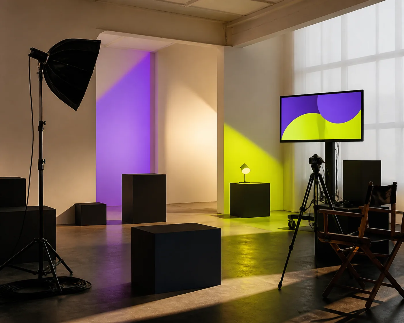Minimal video studio with camera equipment and violet and lime lighting.