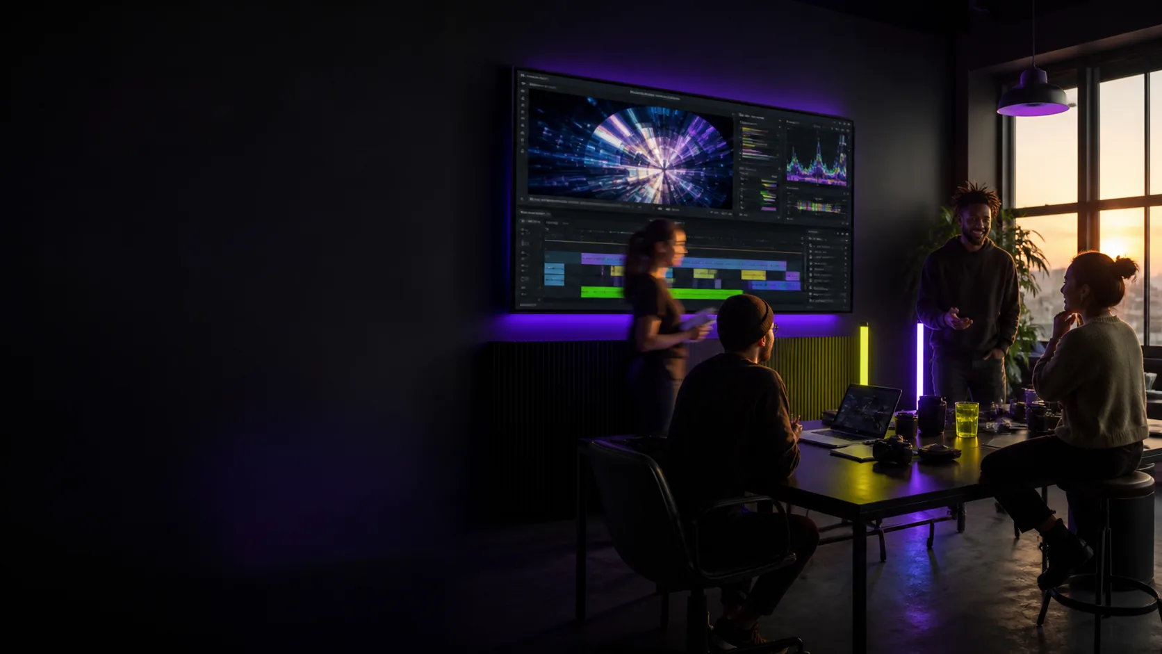 Creative team working in a dark studio with vivid violet and lime lighting.
