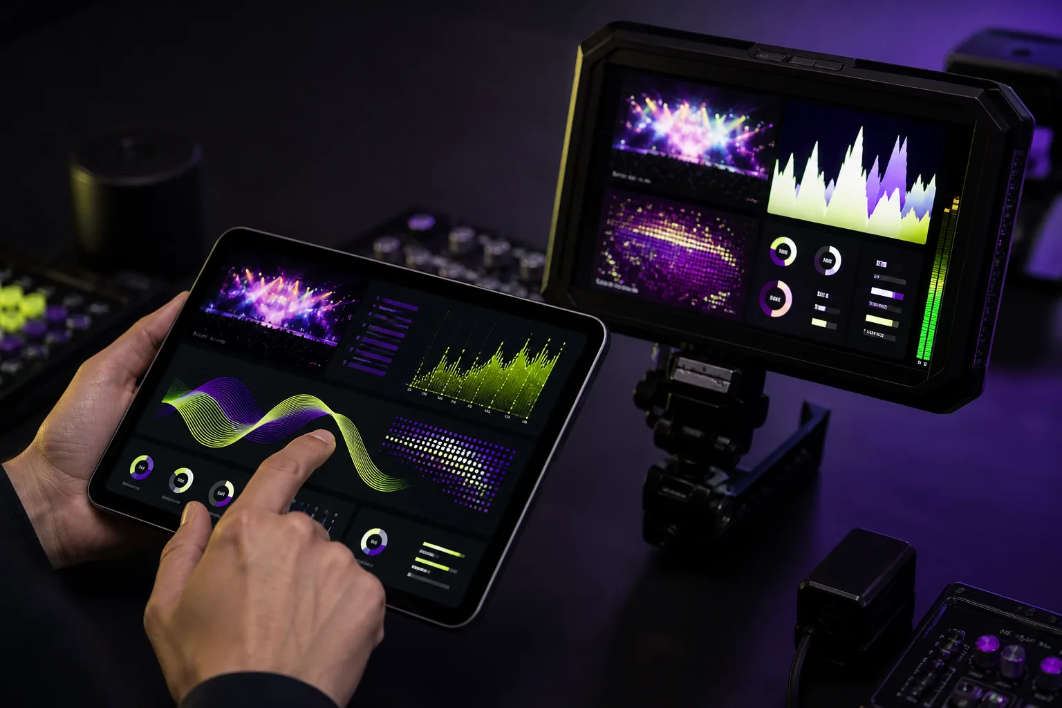 Hands using a tablet with abstract live video campaign analytics.